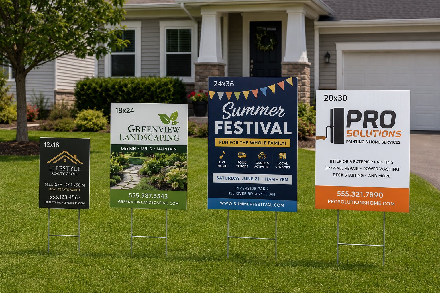 Different yard sign sizes and materials displayed for custom outdoor advertising.