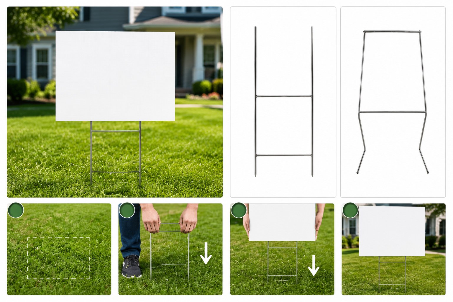 Custom corrugated plastic yard signs installed on a lawn with metal H-stakes.