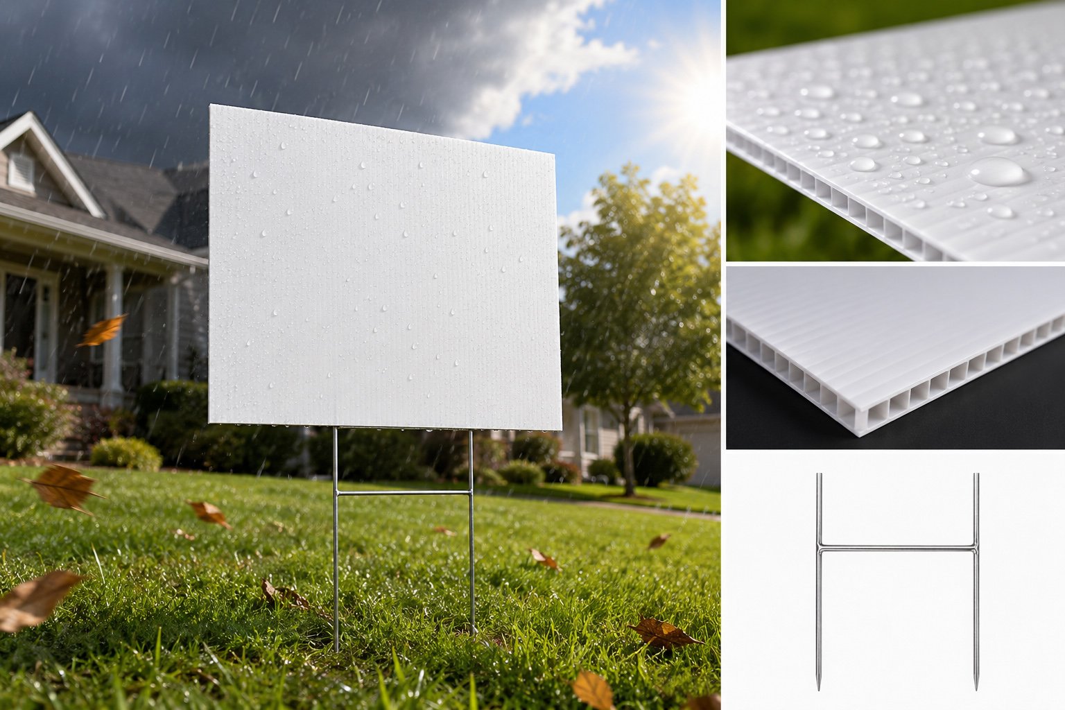 Weatherproof custom yard sign with metal stakes standing on a wet lawn after rain.
