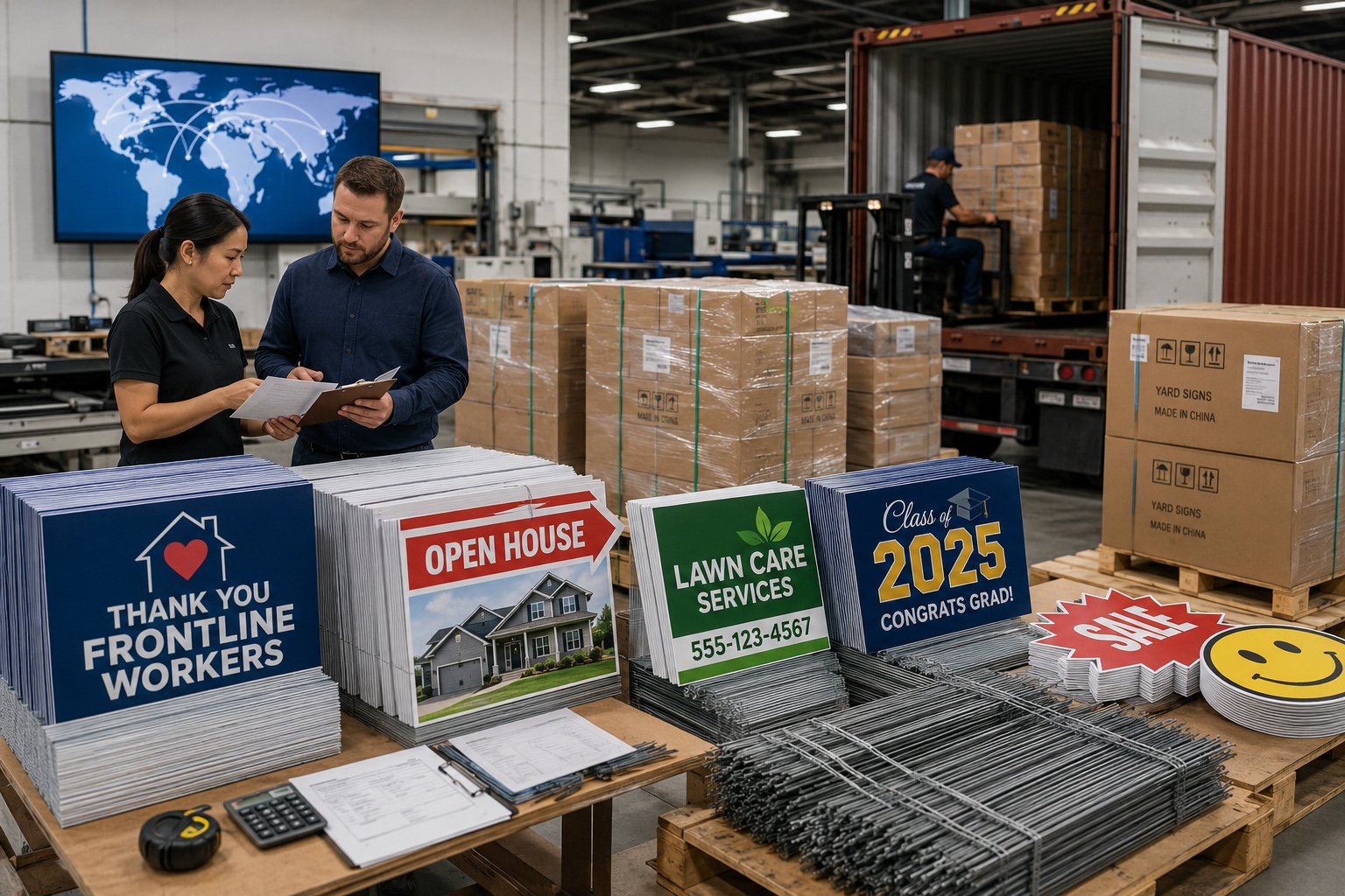Bulk custom yard signs packed and ready for overseas shipping from a yard sign factory.