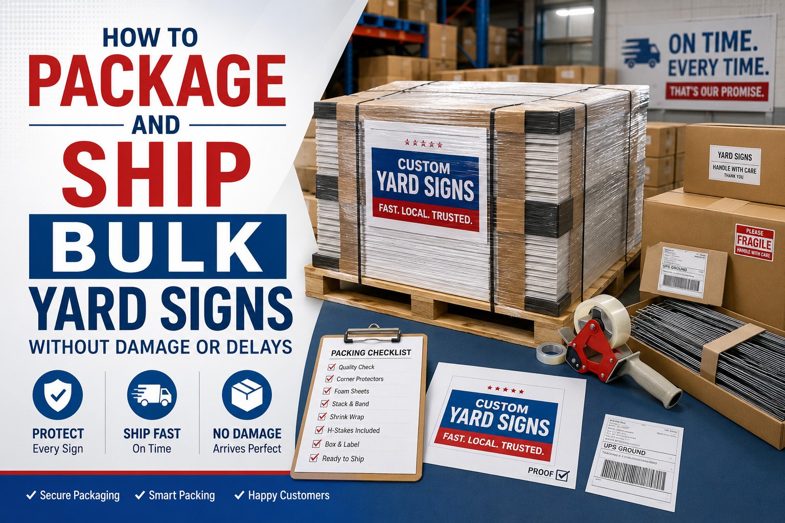 Bulk custom yard signs packed with H-stakes for safe shipping