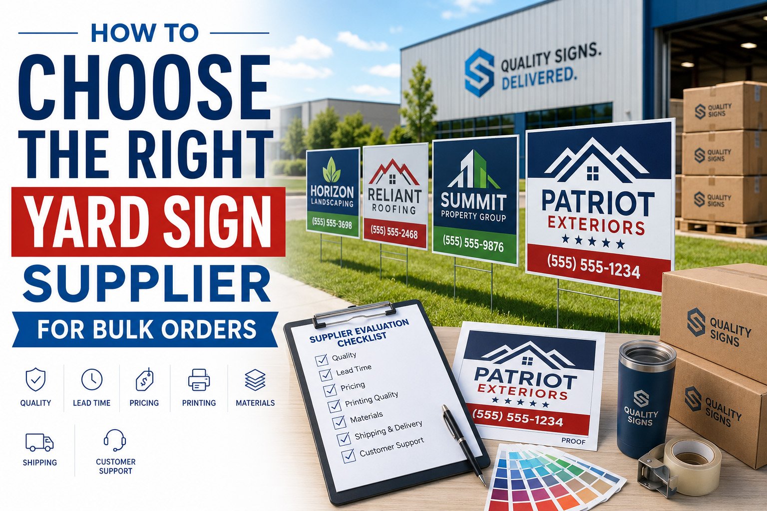 Professional yard sign supplier preparing bulk custom coroplast signs with H-stakes for overseas buyers.