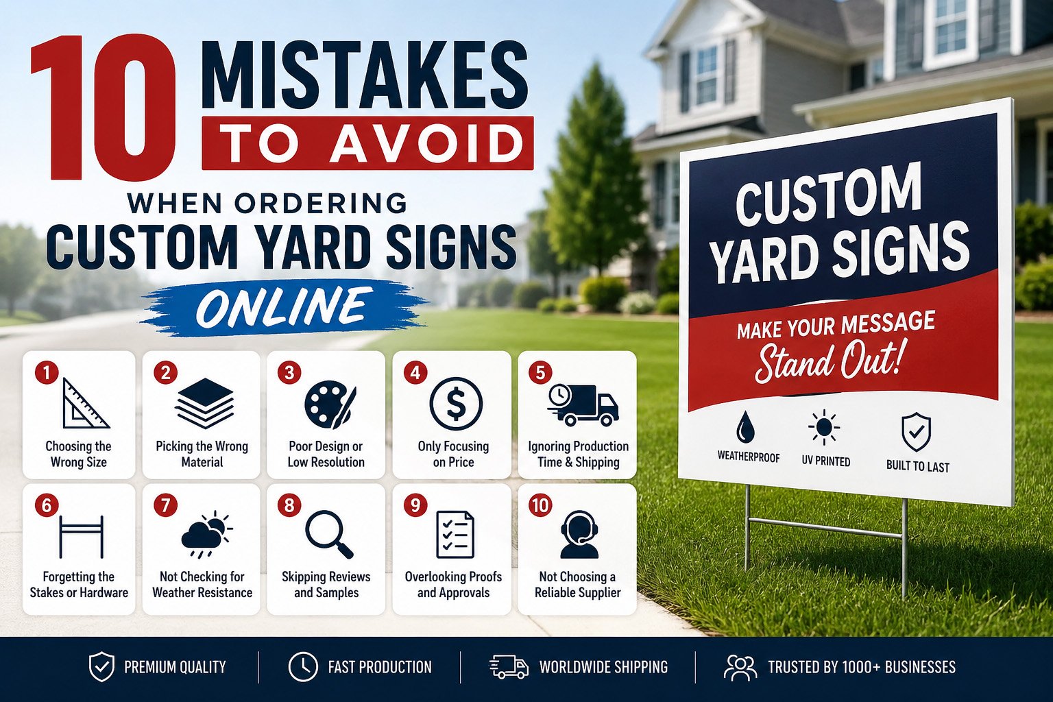Custom yard sign order checklist with coroplast signs, H-stakes, artwork proof, and packaging details.