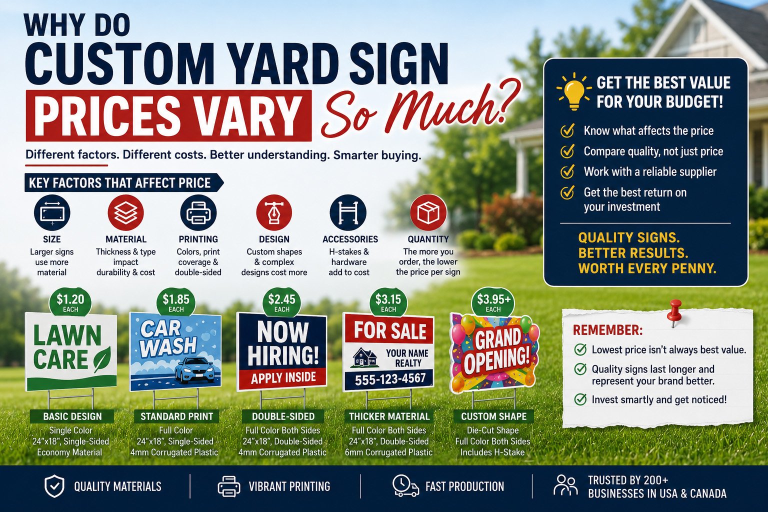 Custom yard sign pricing factors including material printing stakes and shipping