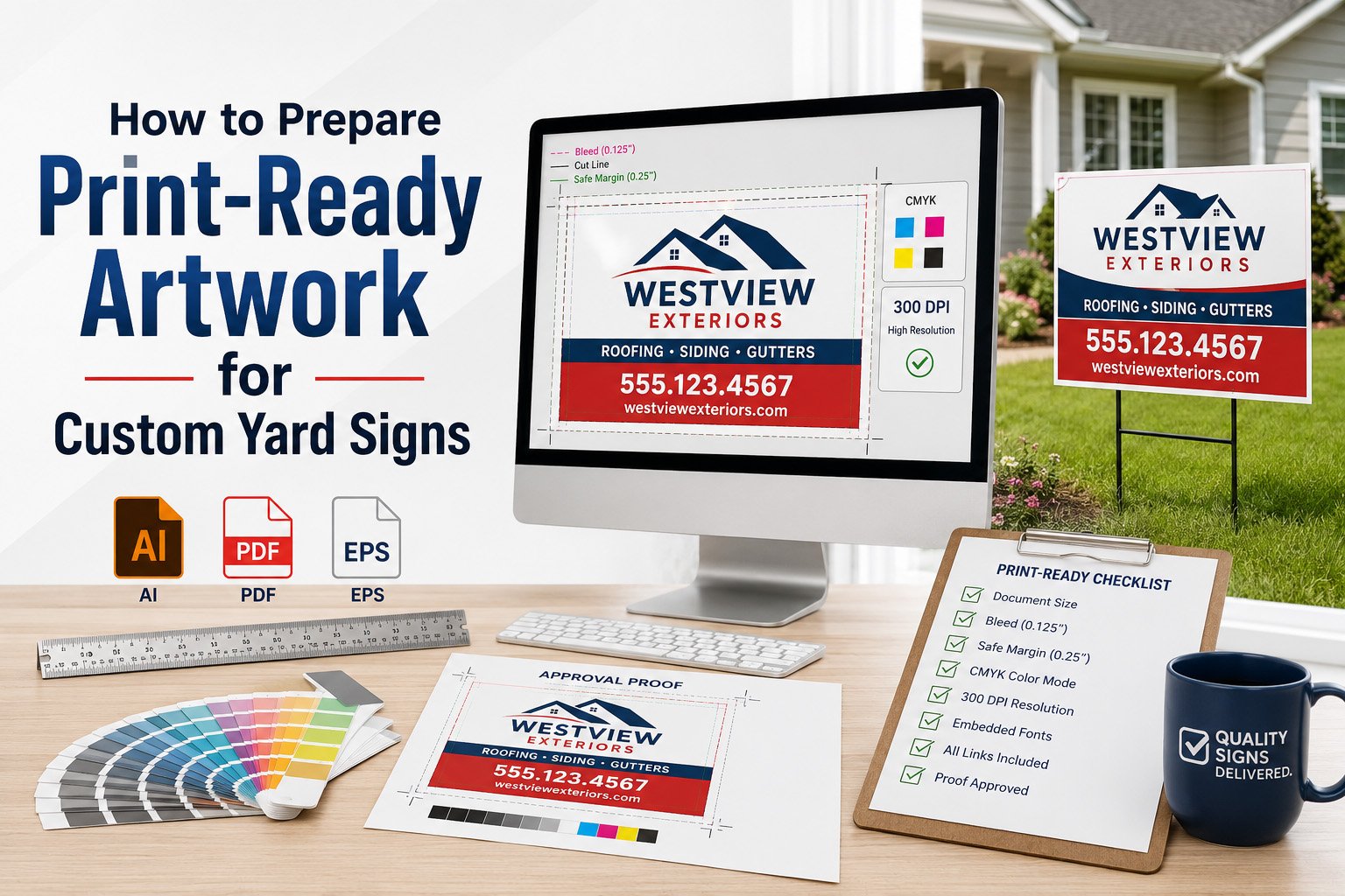 Print-ready artwork checklist for custom yard signs with bleed, safe area, logo, text, and QR code.
