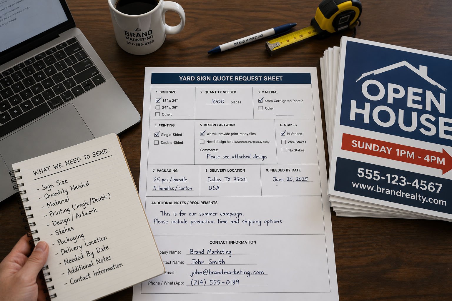 Buyer checklist for getting an accurate custom yard sign quote with size, quantity, artwork, H-stakes, packaging, and shipping details