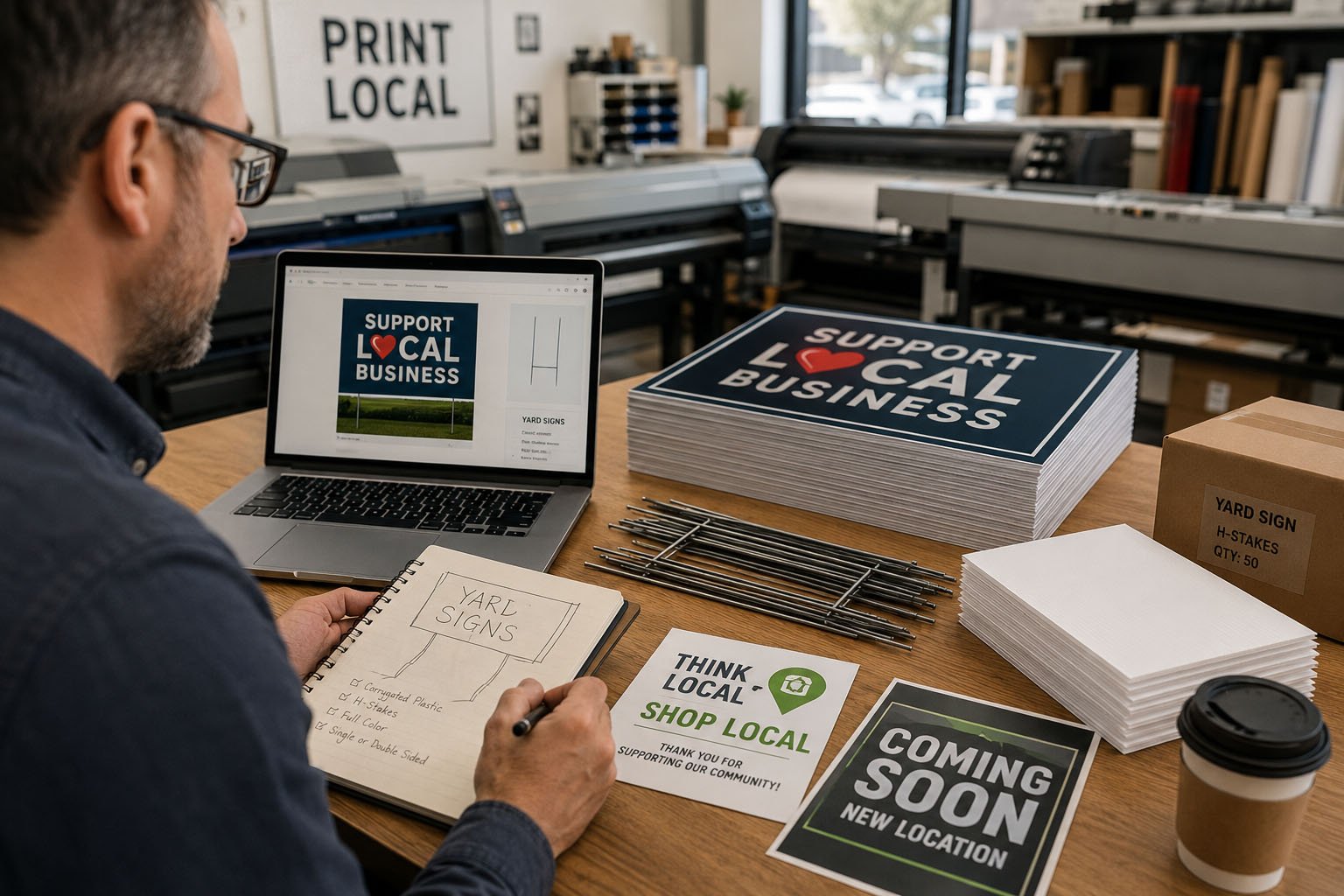 Local print shop adding custom yard signs with factory production H-stakes and organized packaging