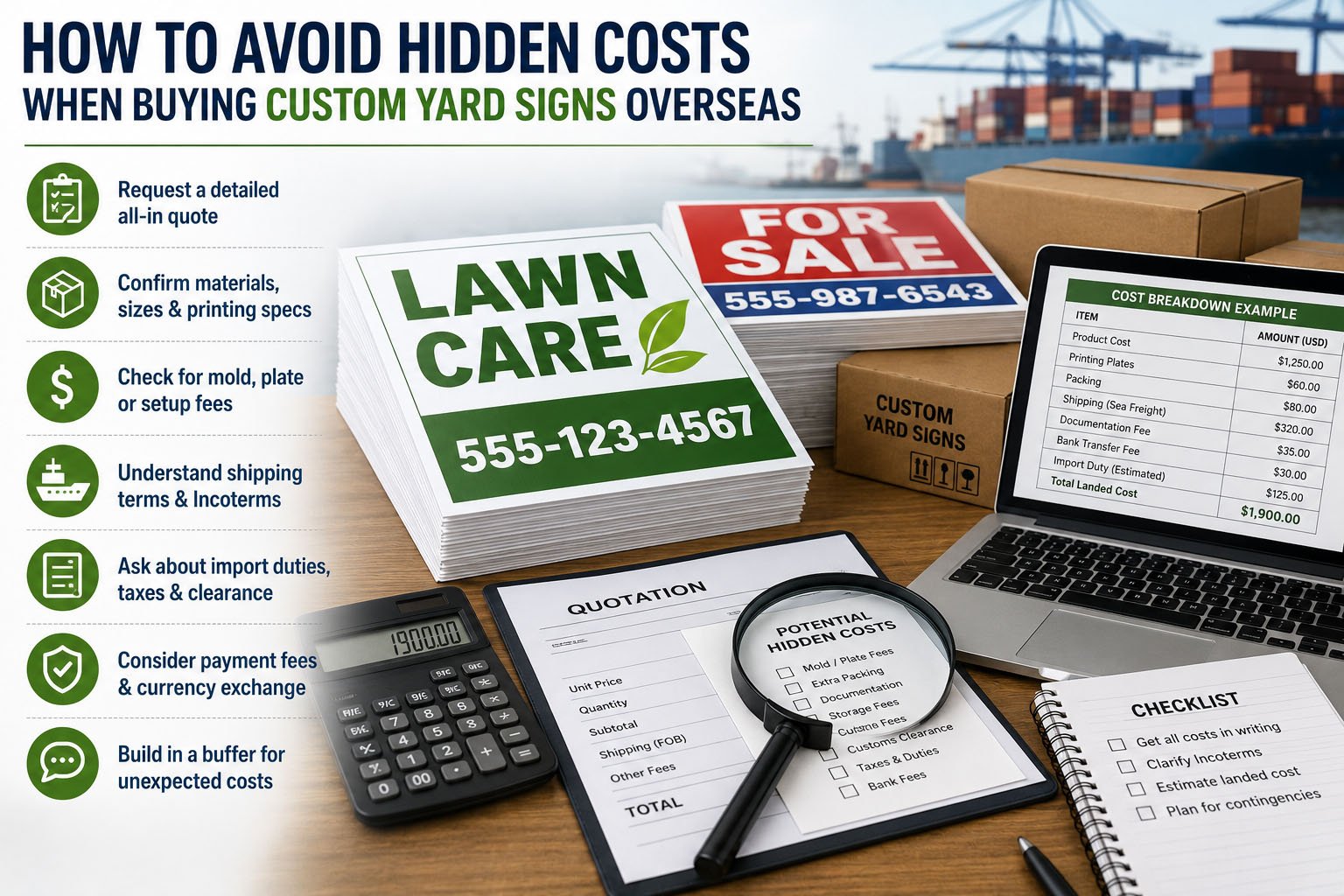 Buyer reviewing hidden costs for bulk custom yard signs including H-stakes packaging artwork and shipping