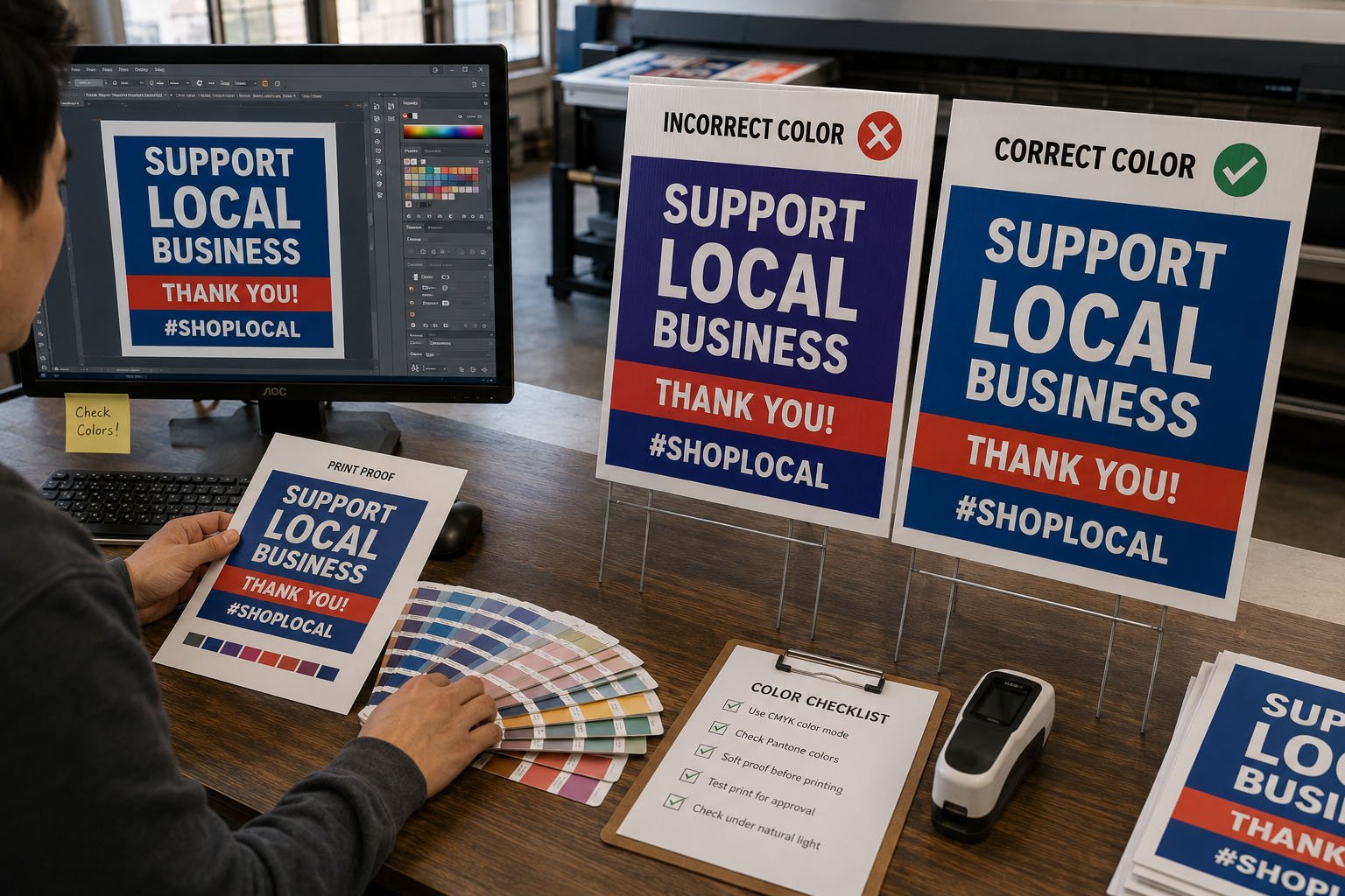 Color proofing and artwork review for custom printed yard signs to avoid color mismatch in bulk production