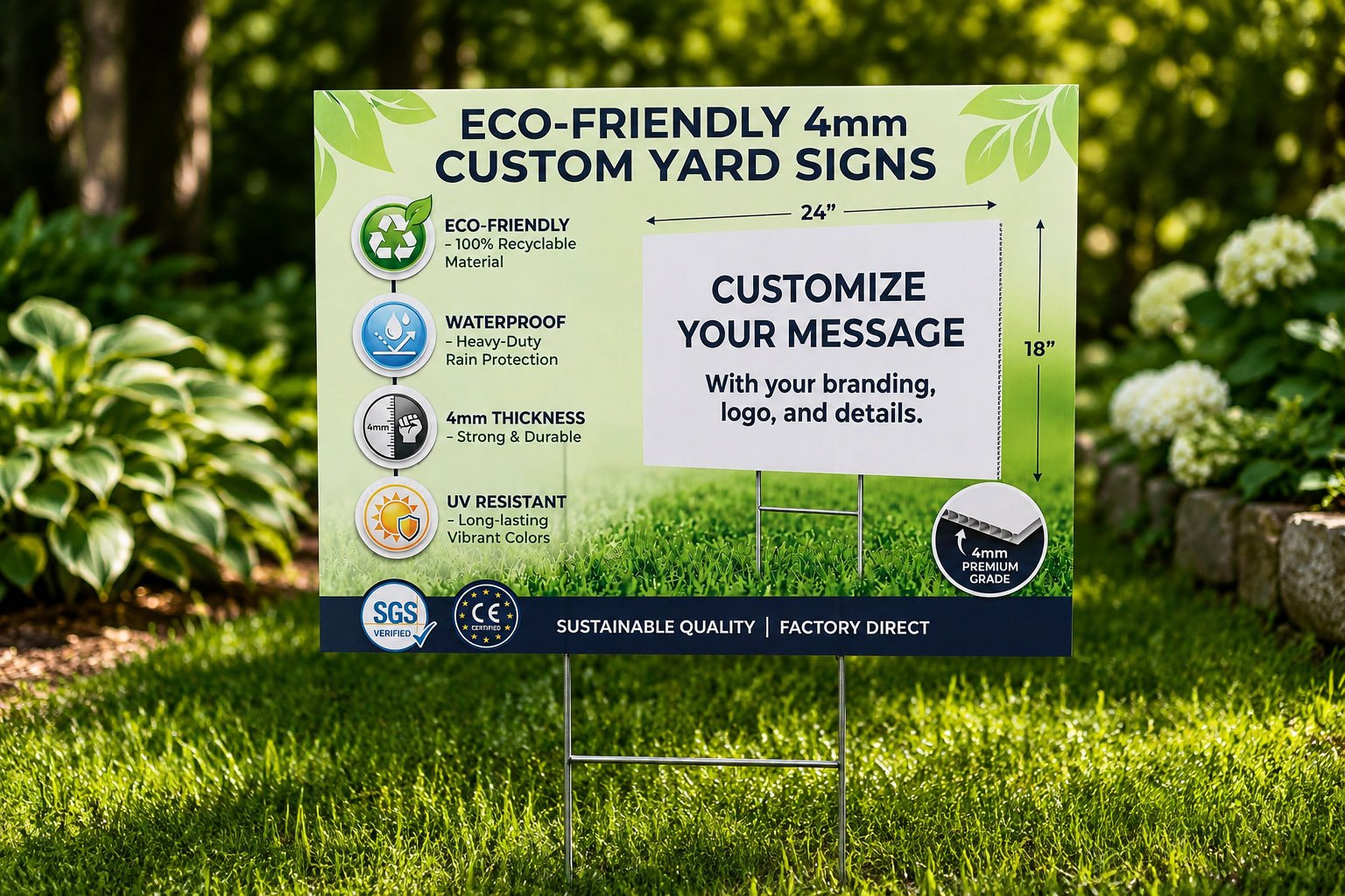 Custom real estate yard signs manufactured in bulk with H-stakes for US and Canada buyers