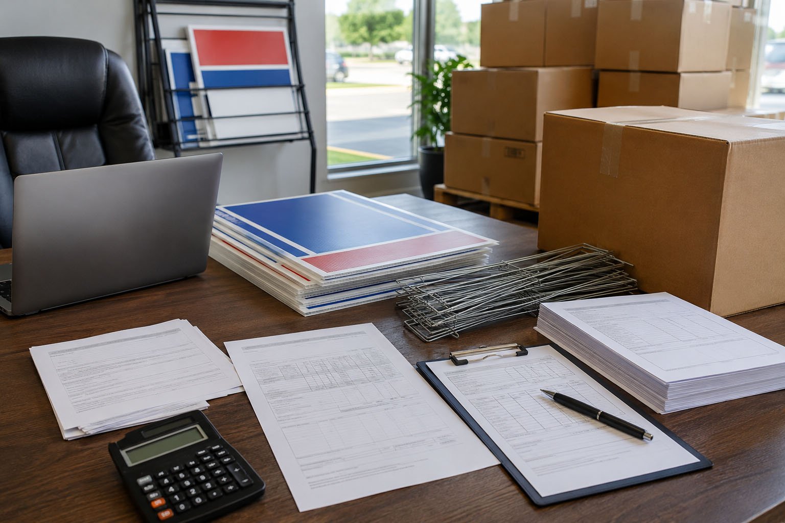Proforma invoice checklist for bulk custom yard signs with H-stakes packaging and shipping details