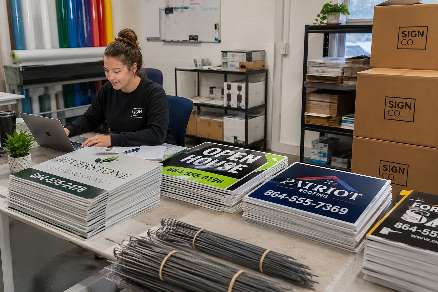 Bulk custom yard signs with H-stakes organized as a repeat revenue product line for print shops, ecommerce sellers, distributors, and brands