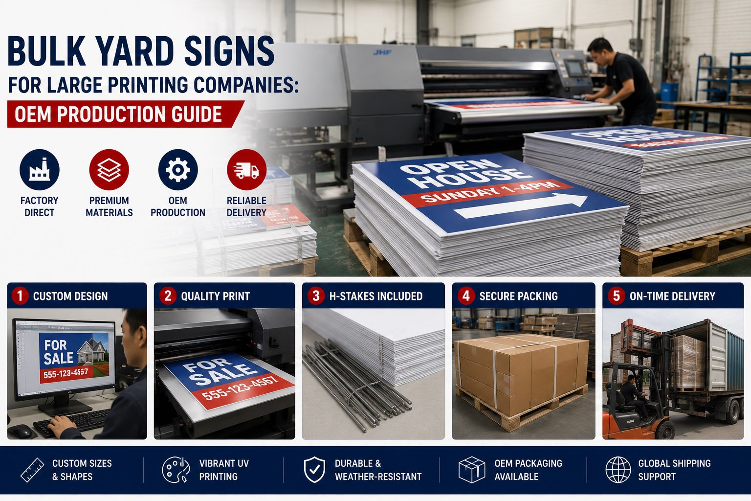 Bulk custom corrugated plastic yard signs produced for large printing companies and OEM resale programs