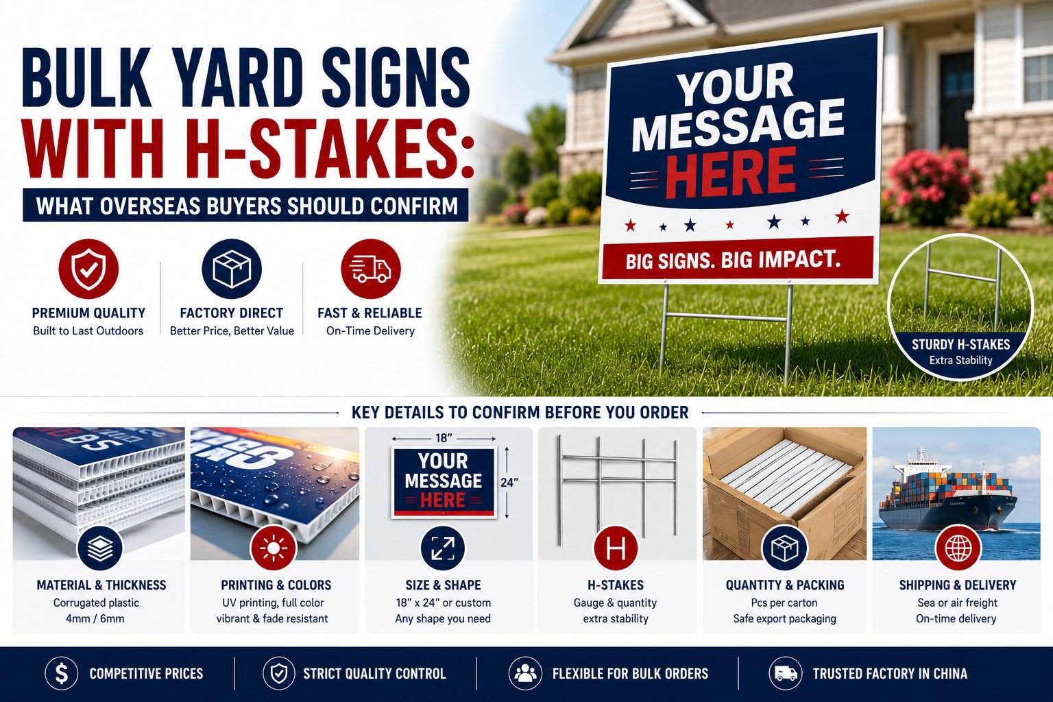 bulk yard signs with H-Stakes packed for overseas buyers