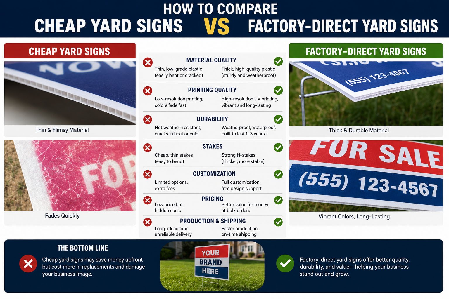 Comparison of cheap yard signs and factory-direct custom yard signs with coroplast material, H-stakes, packaging, and print quality