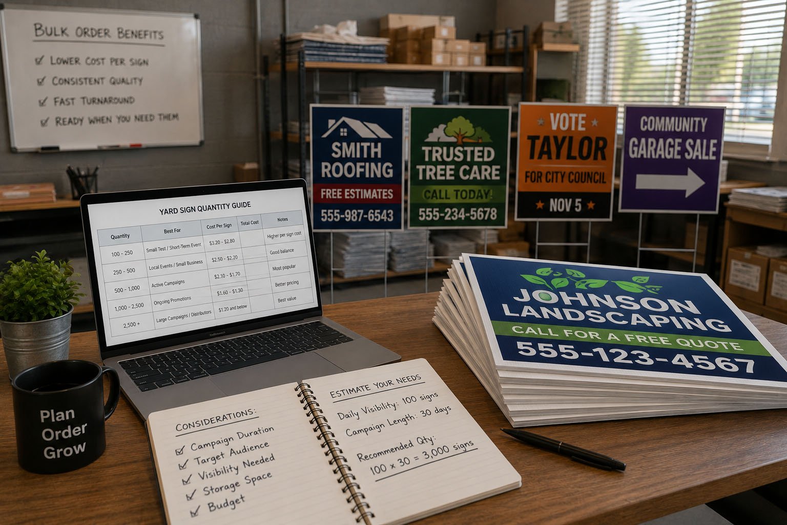 Buyer guide for choosing the right quantity for bulk custom yard signs with H-stakes, multiple designs, storage, shipping, and reorders