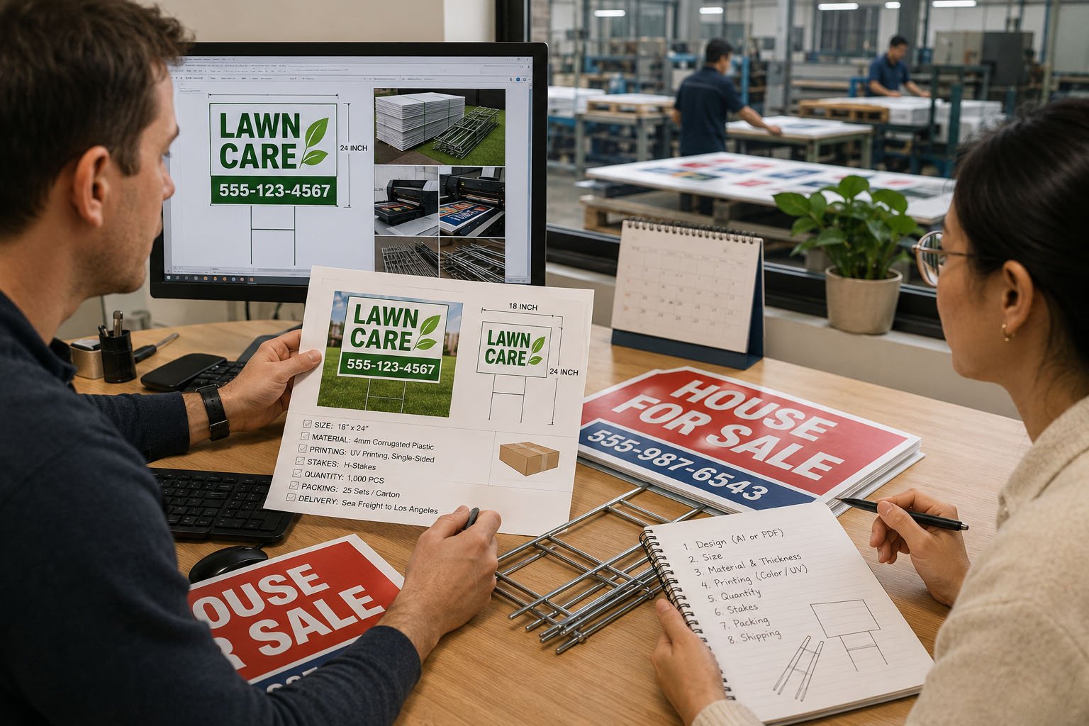 Buyer sending clear yard sign requirements to a China manufacturer including size material H-stakes artwork packaging and delivery