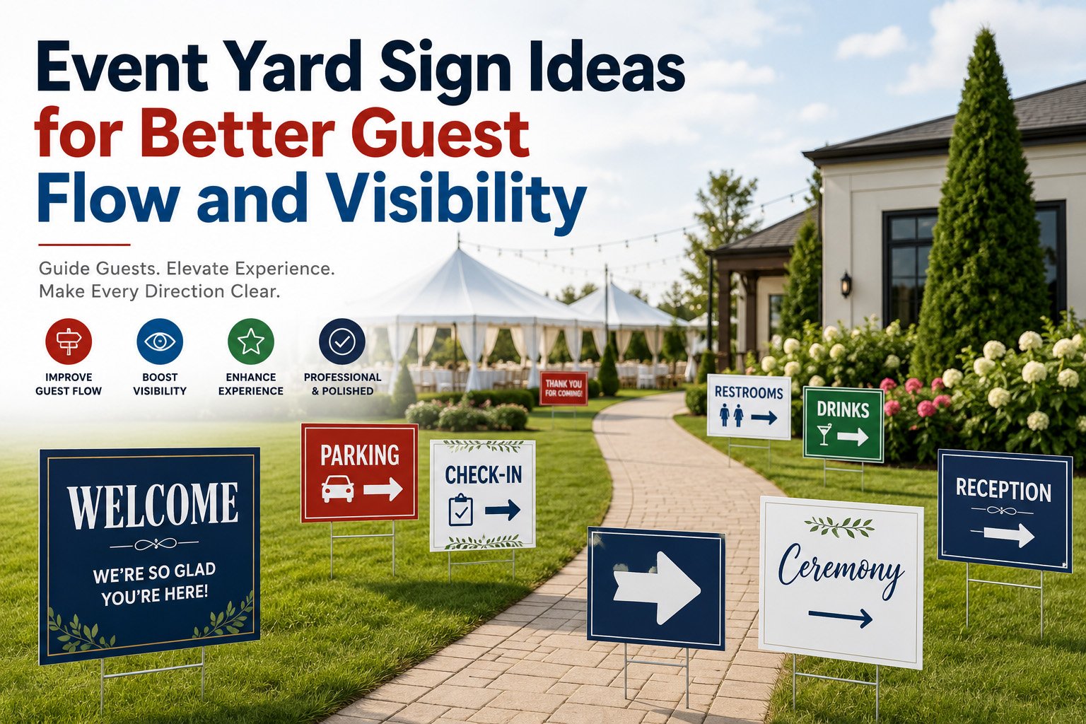 custom event yard signs for directions parking check-in and sponsors