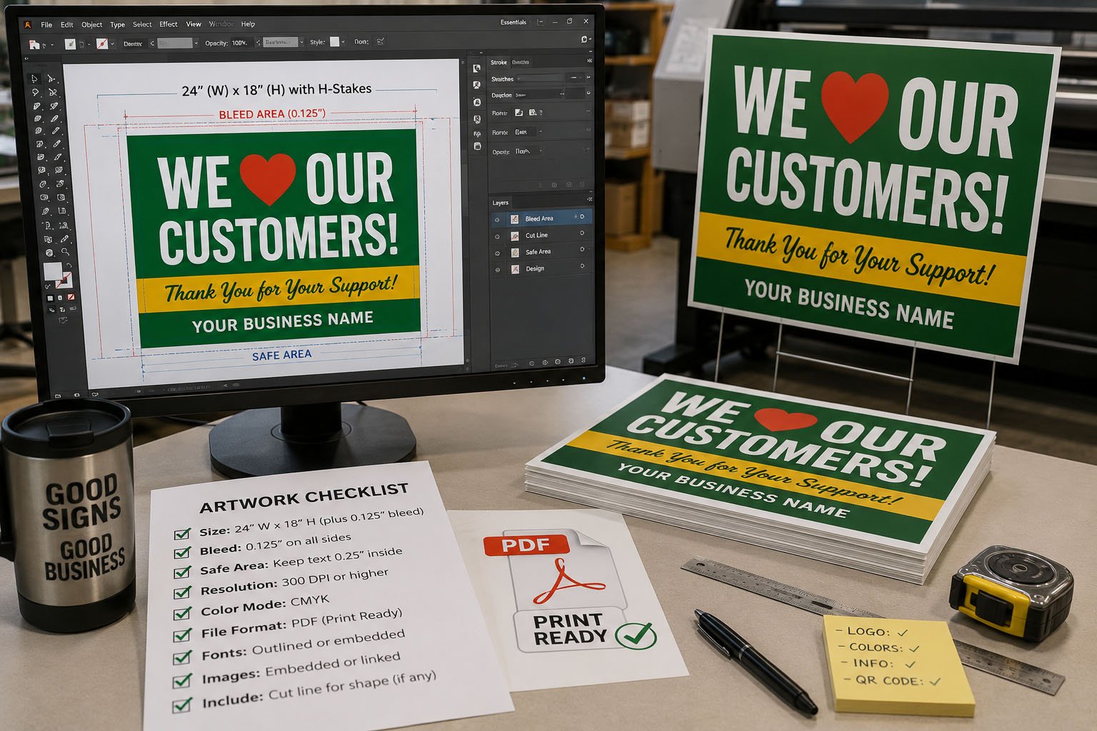 Artwork file preparation checklist for custom yard sign printing with bleed, safe margins, fonts, resolution, and QR code testing