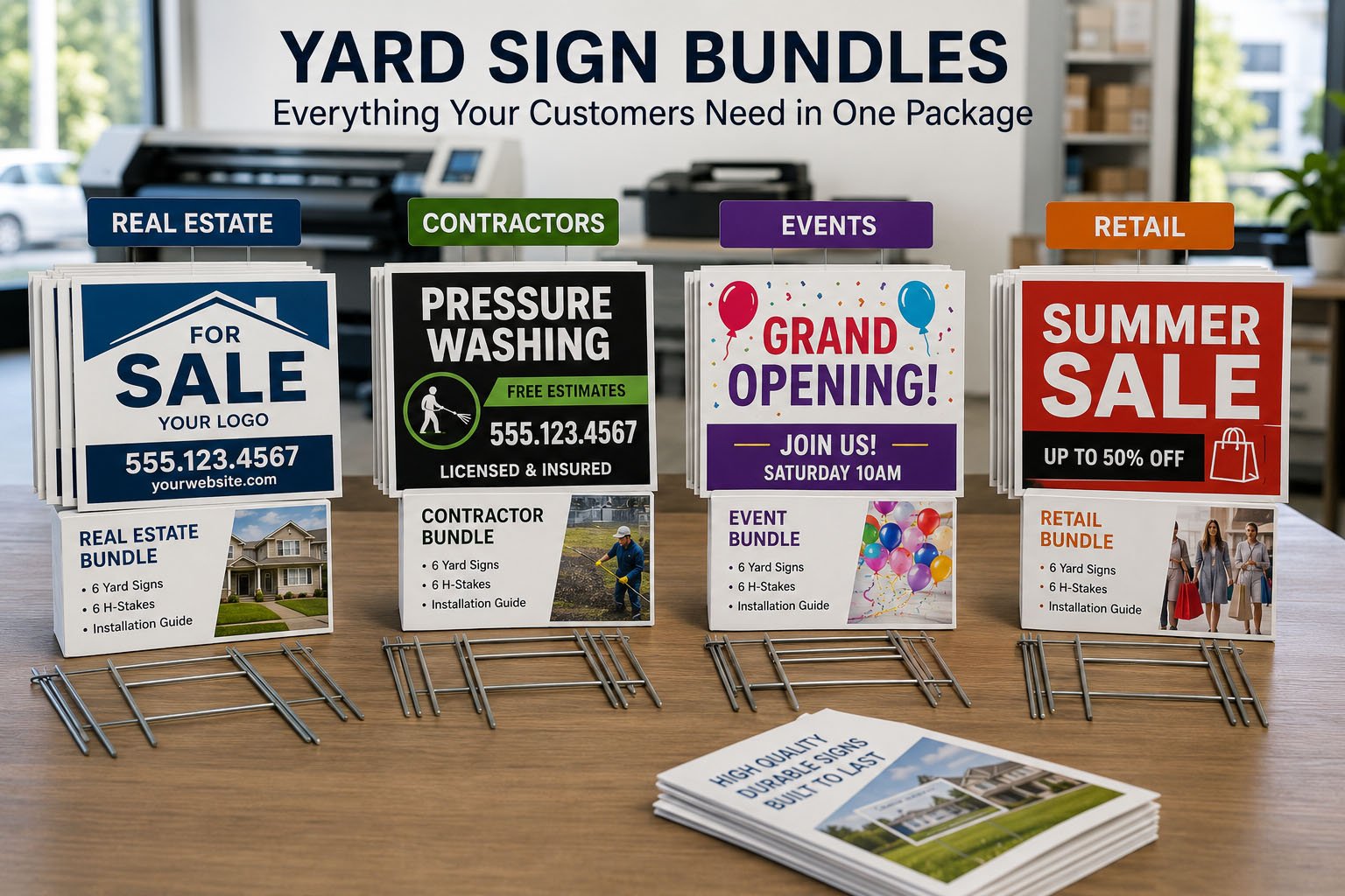 Custom yard sign bundles with corrugated plastic signs and H-stakes for real estate, contractors, events, and retail campaigns