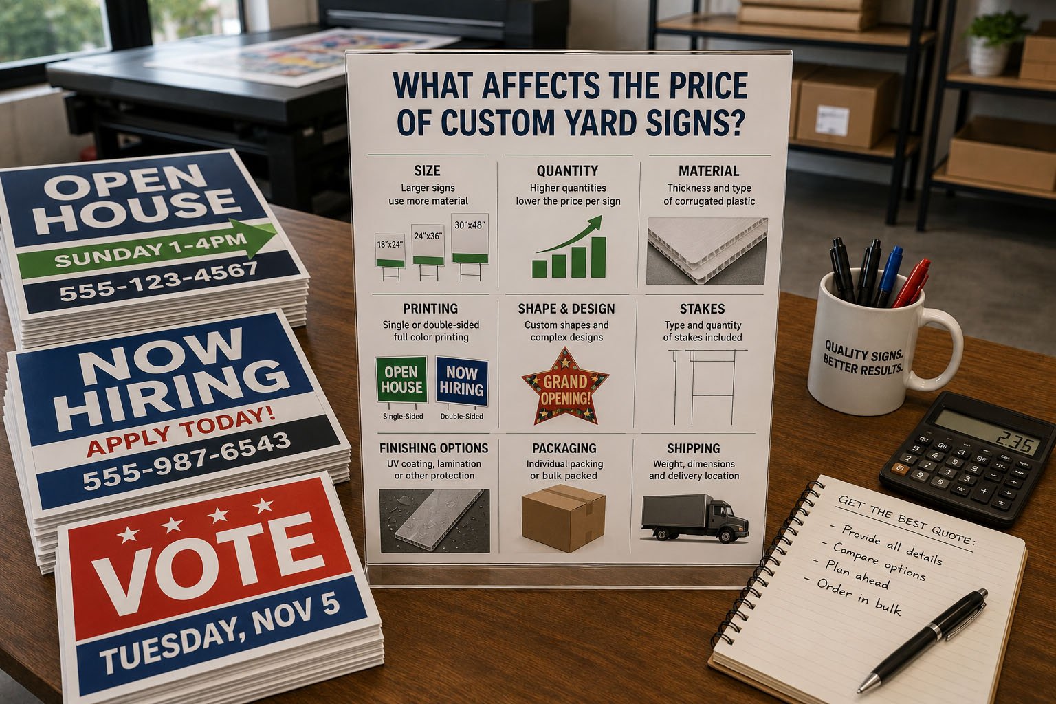 Custom yard sign price factors including size, material, quantity, printing side, H-stakes, packaging, and shipping