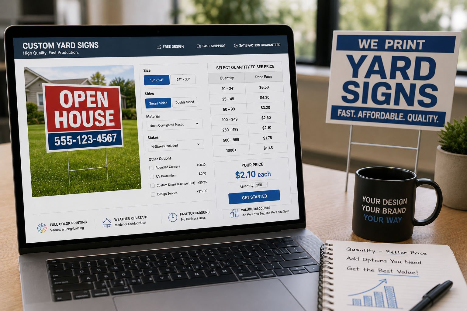 Online print store pricing custom yard signs by quantity size H-stakes printing options and packaging