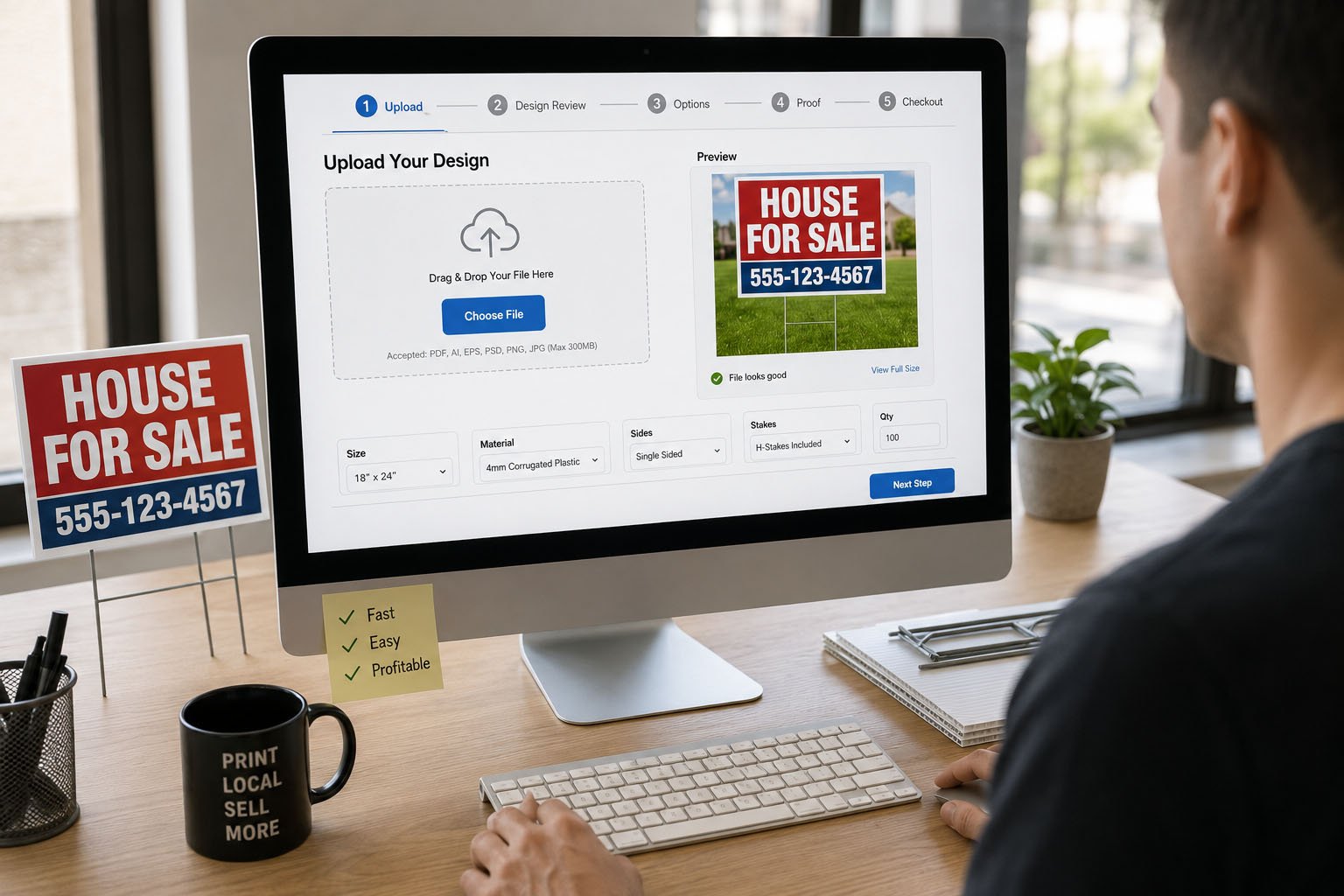 Online print store workflow for custom yard sign artwork upload proof approval H-stakes and production
