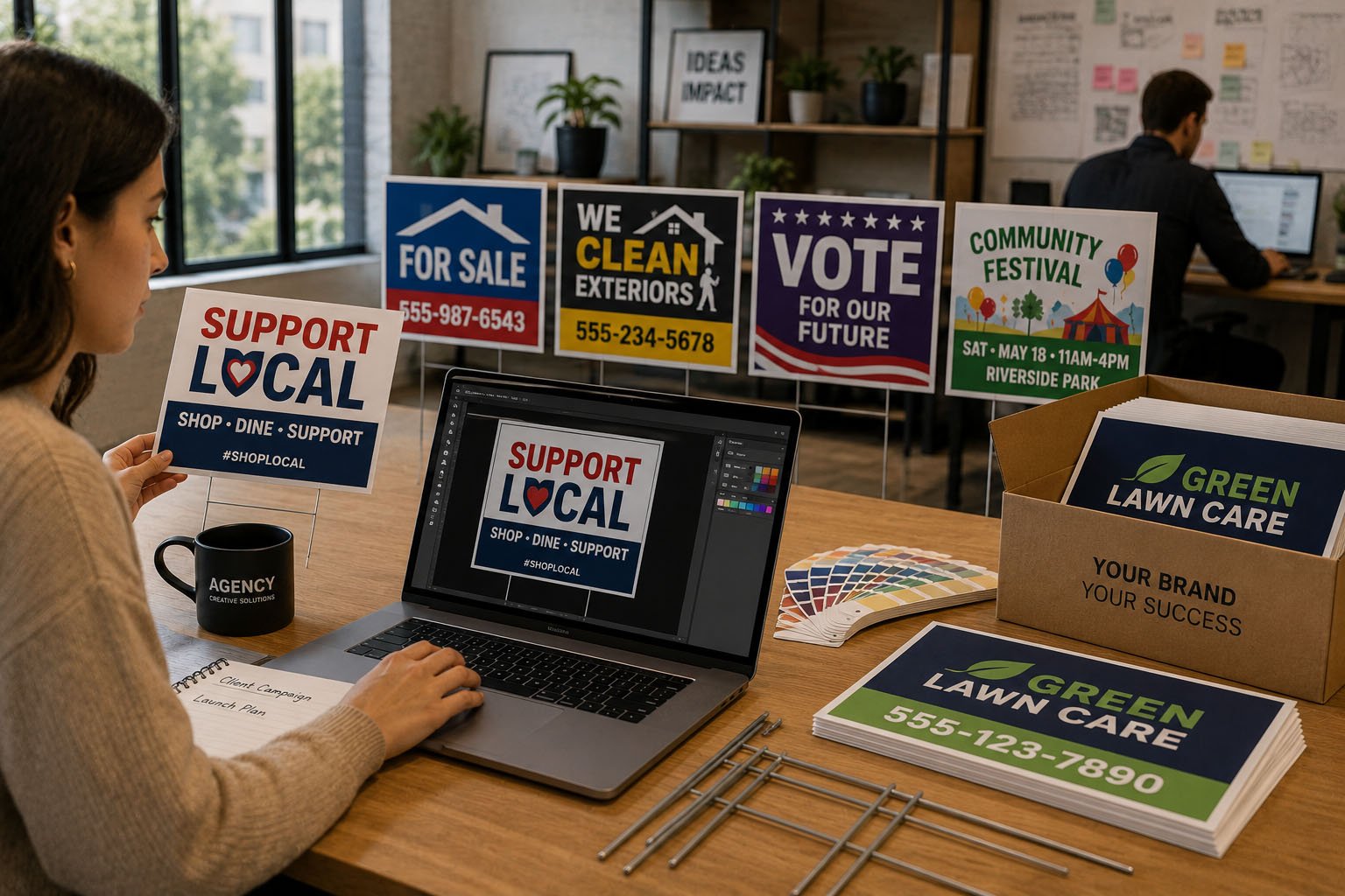 Bulk custom yard signs with H-stakes prepared for agency client campaigns and local marketing projects