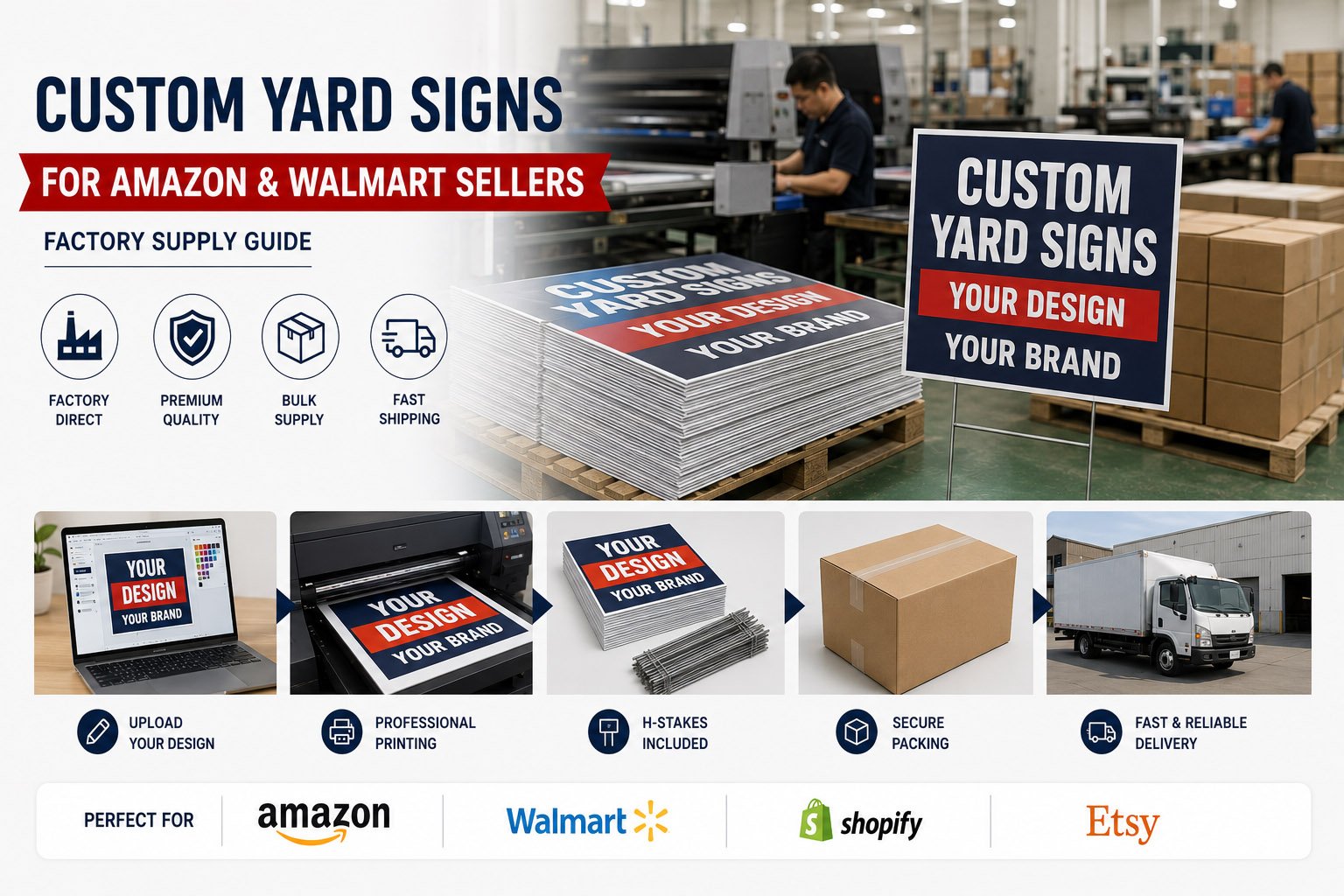 Bulk custom corrugated plastic yard signs prepared for Amazon and Walmart ecommerce sellers