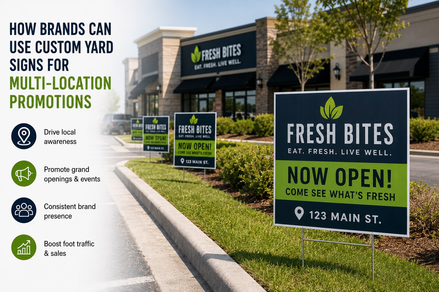Bulk custom yard signs produced for multi-location brands franchises and dealer networks