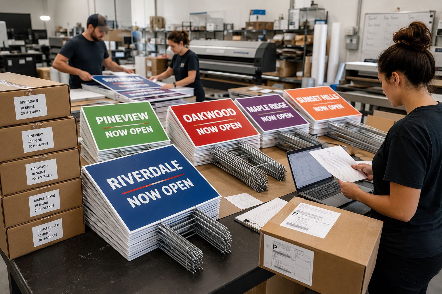 Bulk custom yard signs organized by branch, dealer, location, design, H-stakes, packaging, and shipping address