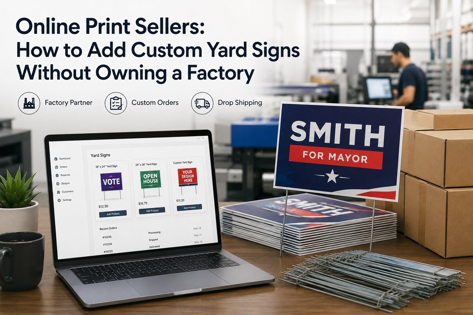 Bulk custom yard signs produced for online print sellers with corrugated plastic signs and H-stakes