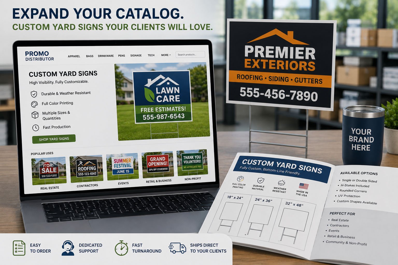 Bulk custom yard signs with H-stakes for promotional product distributors and reseller catalogs