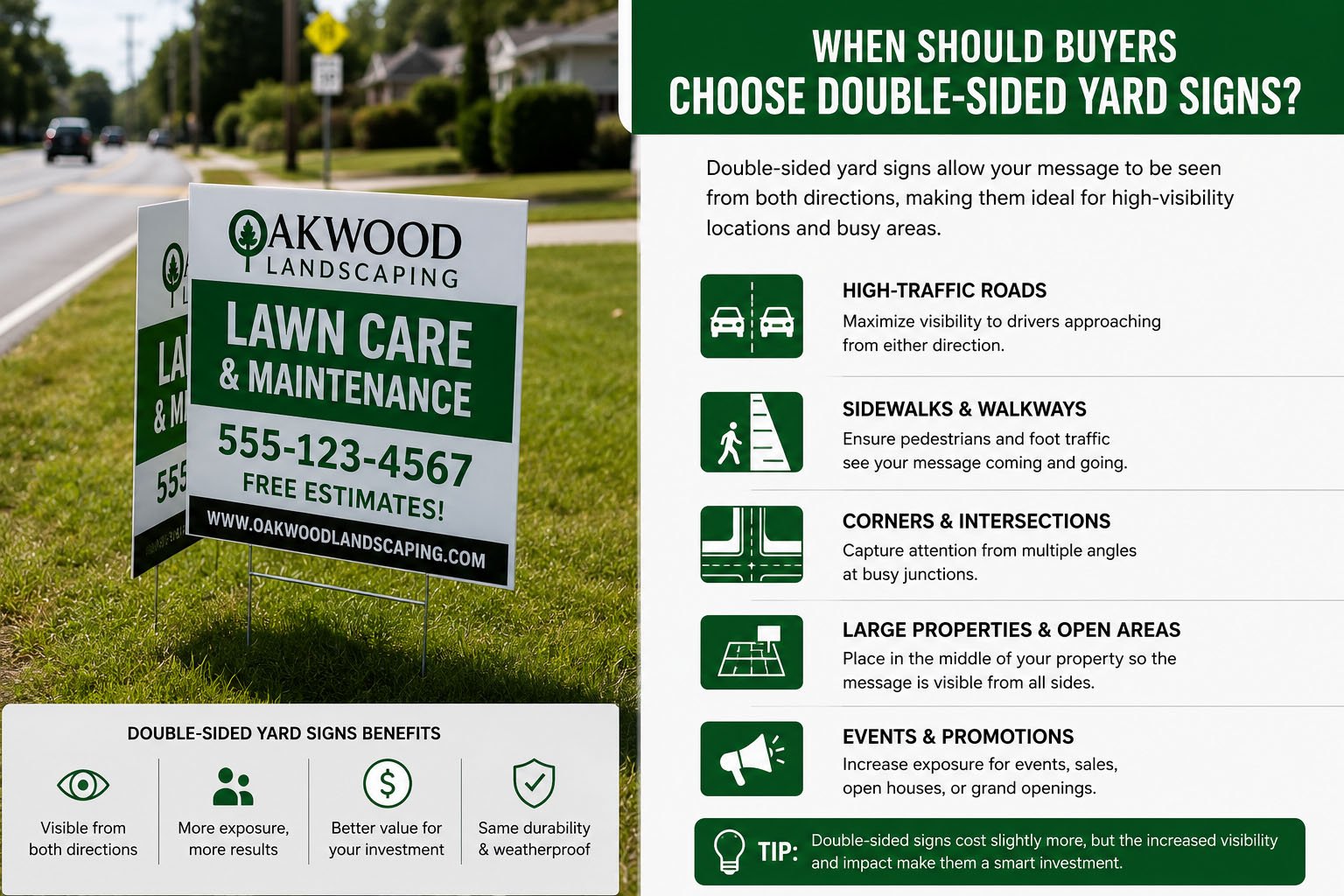 Double-sided custom yard signs with H-stakes for lawns, roadsides, open houses, events, and local business promotions