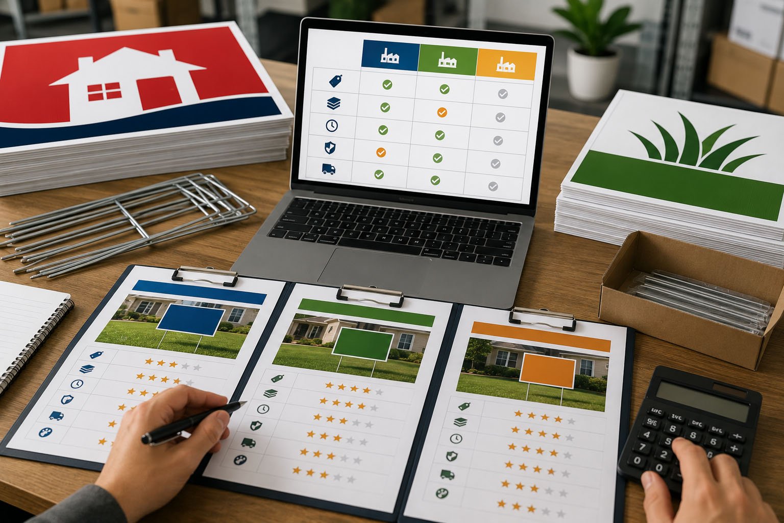 Buyer comparing bulk custom yard sign quotes with H-stakes material packaging and shipping details