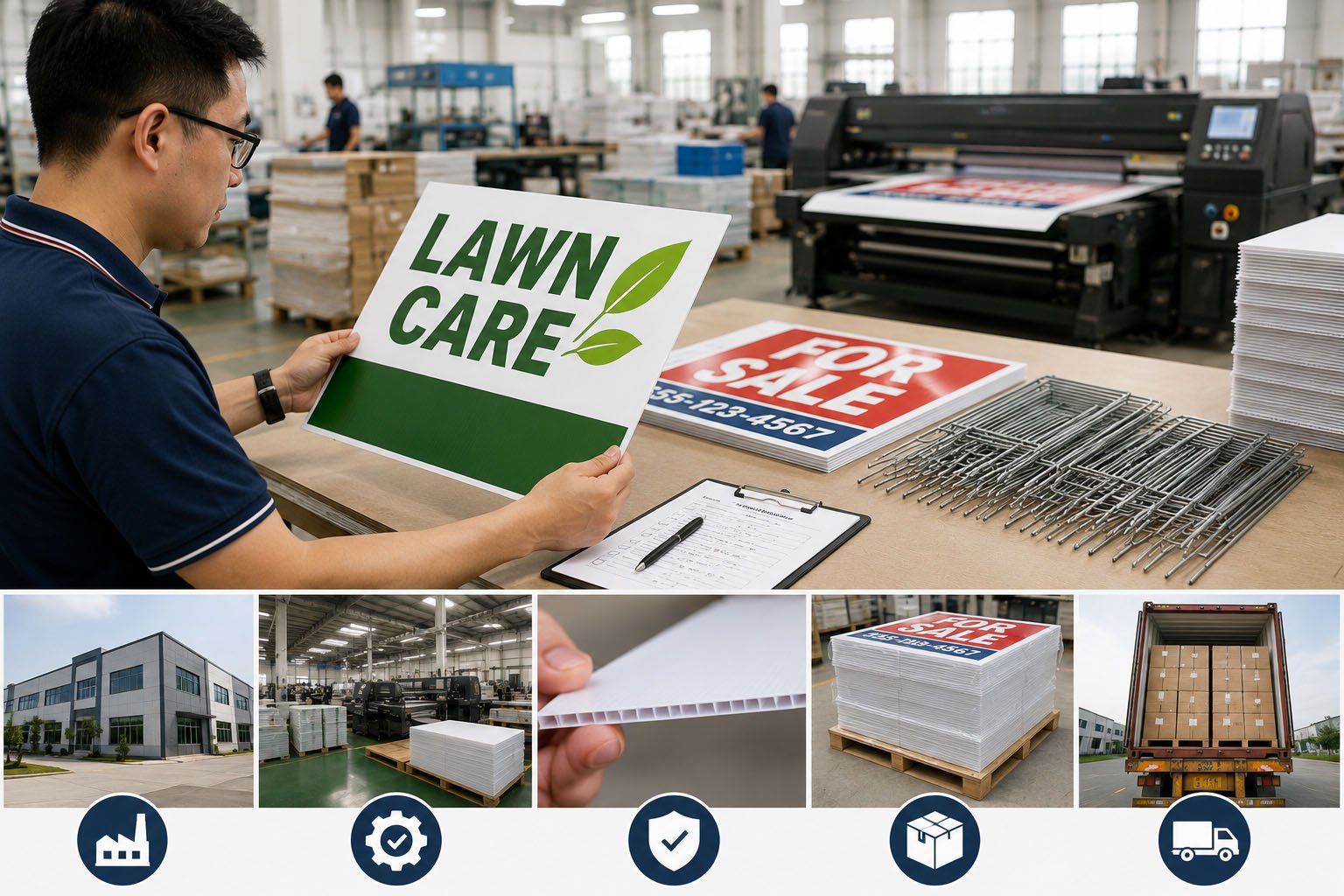 Buyer checking a yard sign factory for bulk custom corrugated plastic signs with H-stakes
