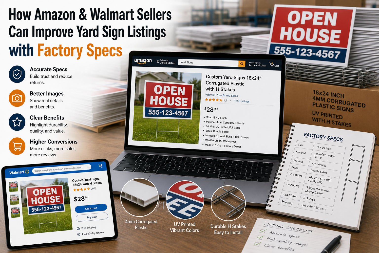 Amazon and Walmart yard sign listings improved with factory specifications H-stakes packaging and SKU details