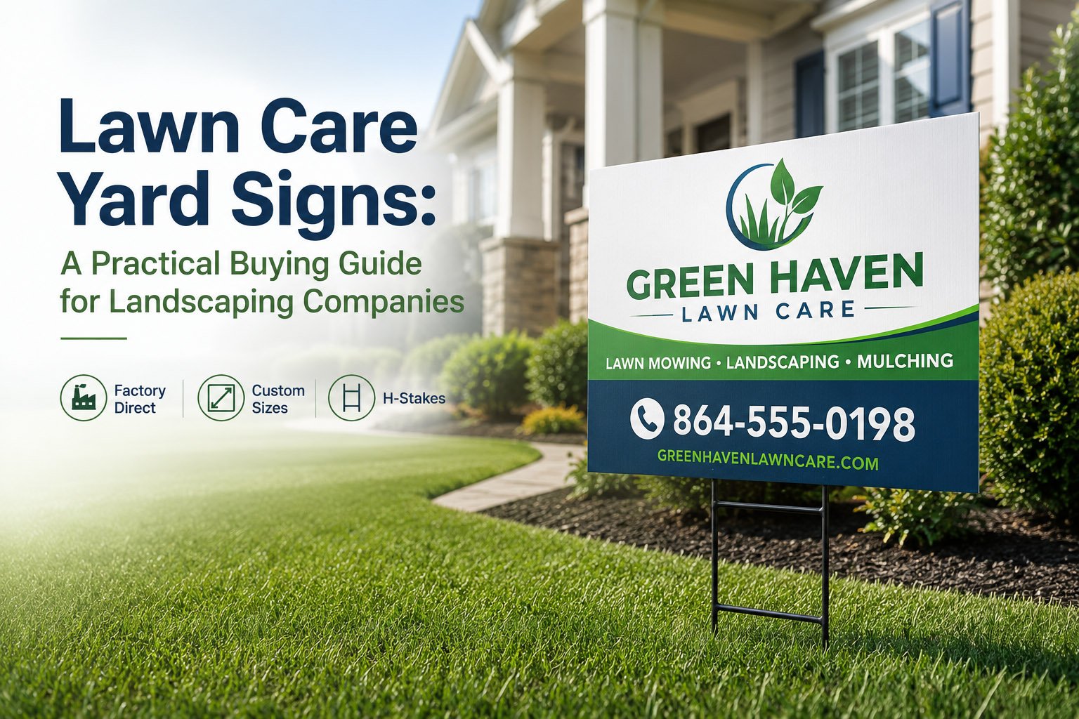 Custom lawn care yard sign installed on grass with H-stakes for landscaping company marketing