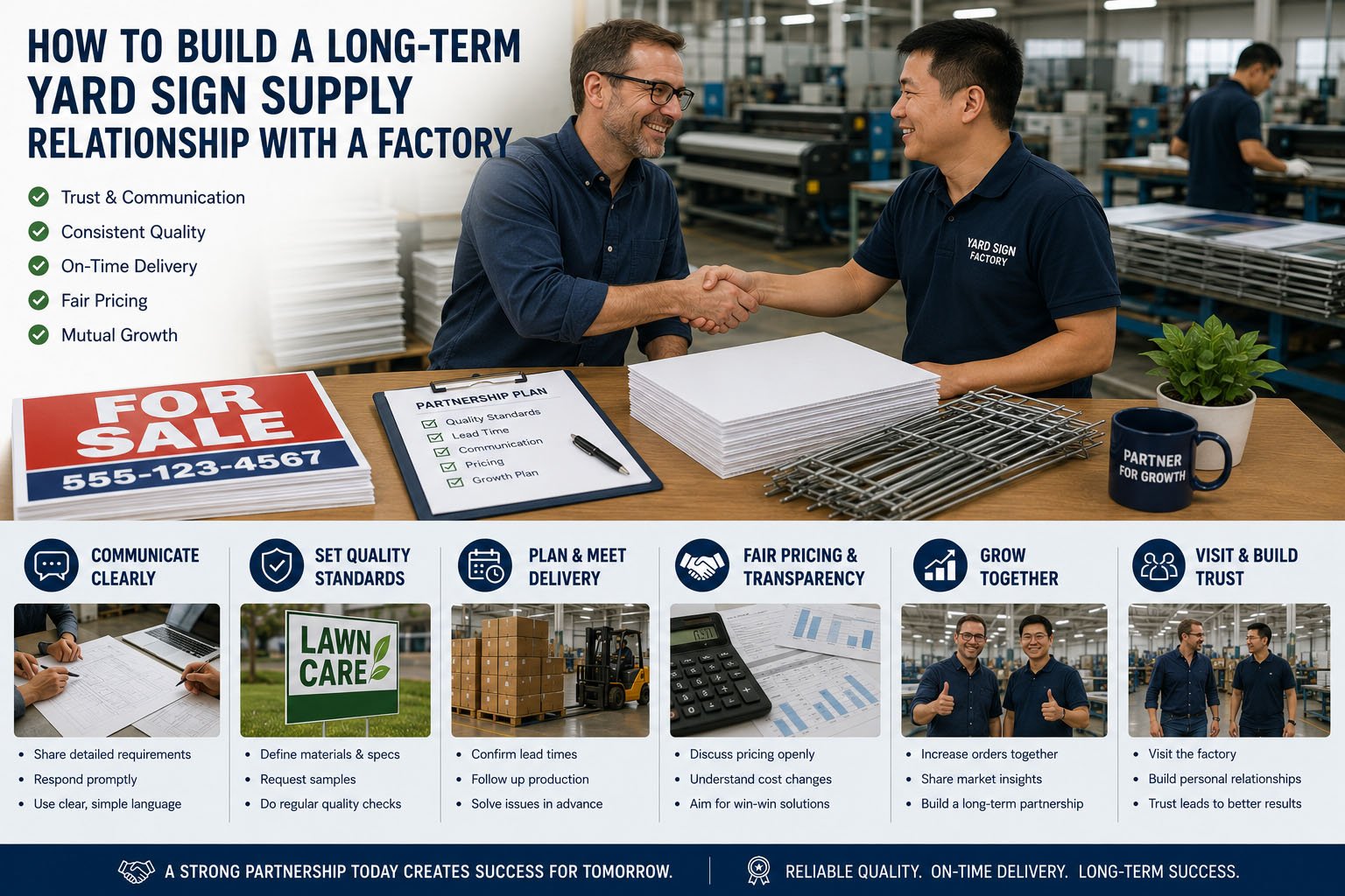 Buyer building a long-term yard sign supplier relationship with a factory for bulk custom signs and repeat orders