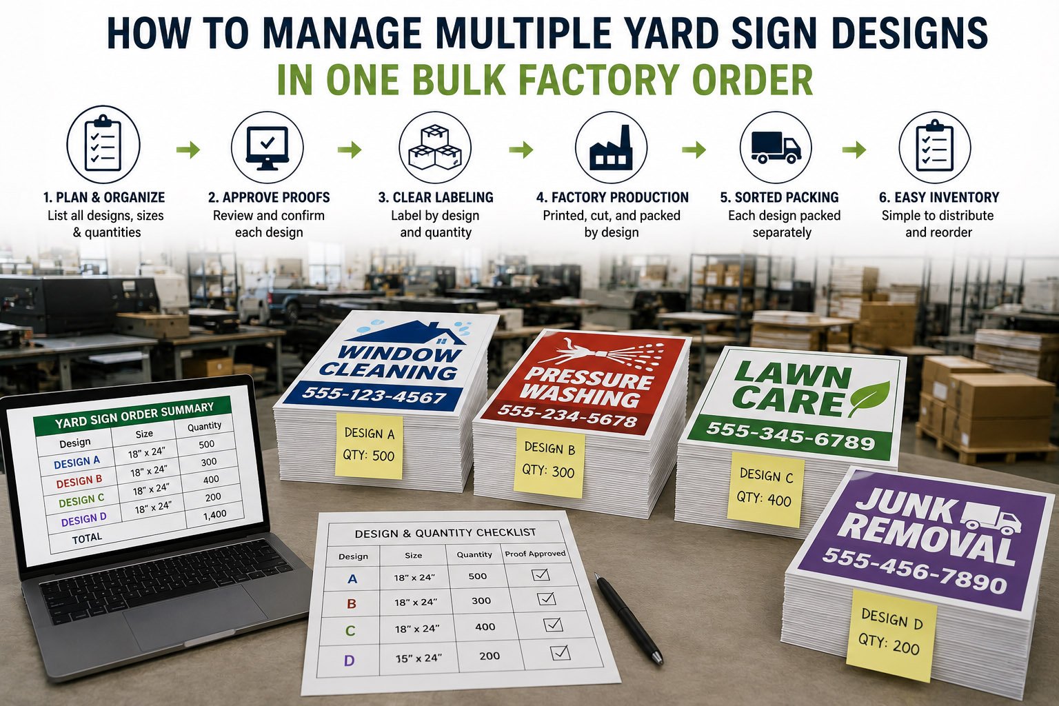 Multiple custom yard sign designs organized for one bulk factory order with H-stakes and packaging