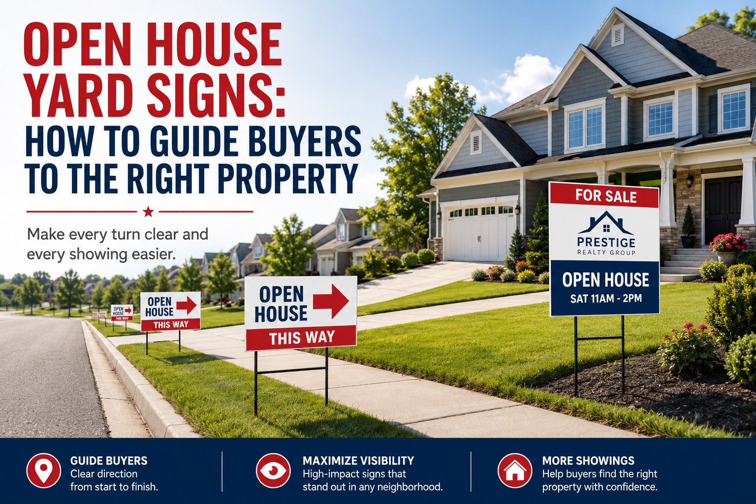 open house yard signs guiding buyers to a real estate property