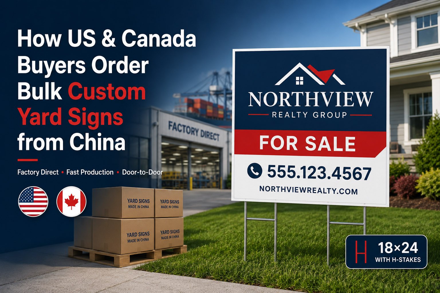 US and Canada buyers ordering bulk custom yard signs from China with H-stakes