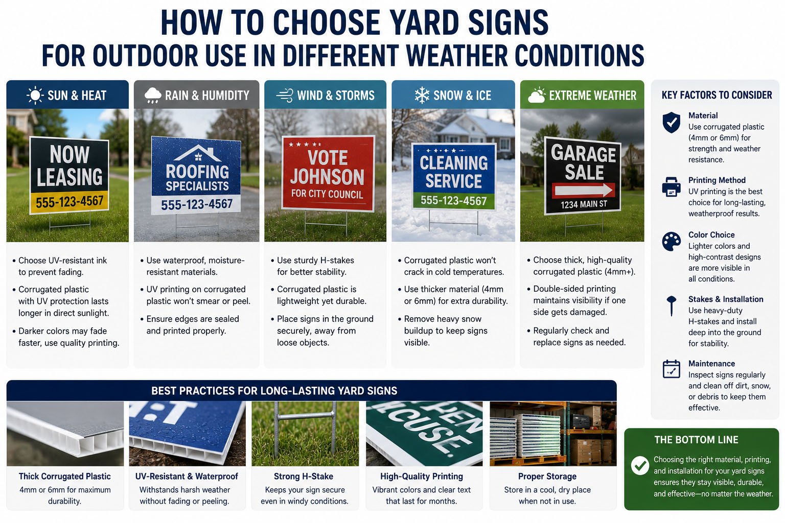 Weather resistant outdoor yard signs with H-stakes for rain, sun, wind, lawn installation, events, and local business campaigns