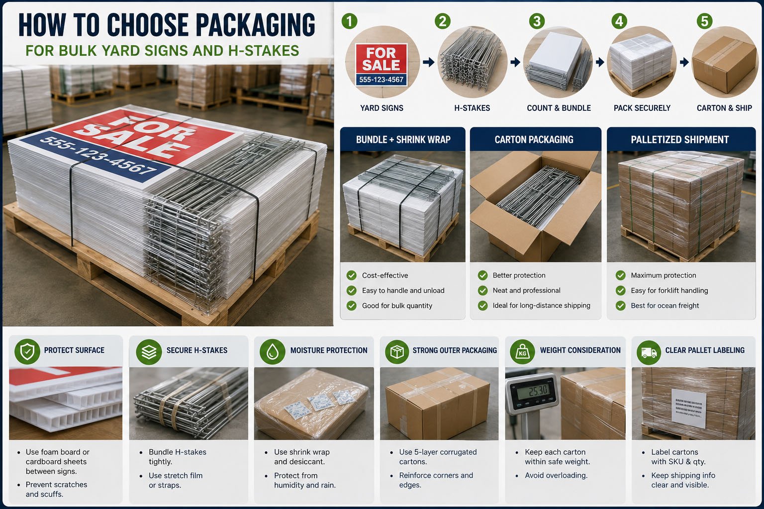 Bulk custom yard signs and H-stakes packed in cartons for overseas shipment