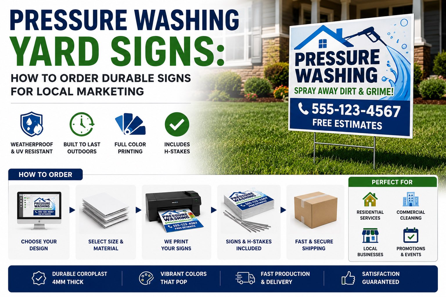 Custom pressure washing yard sign installed on a lawn with H-stakes for local service advertising