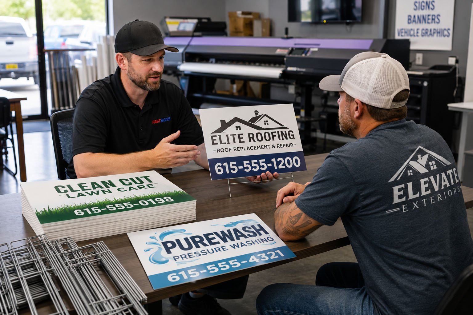 Print shop selling custom yard signs to contractors and local service businesses with H-stakes and service-specific designs