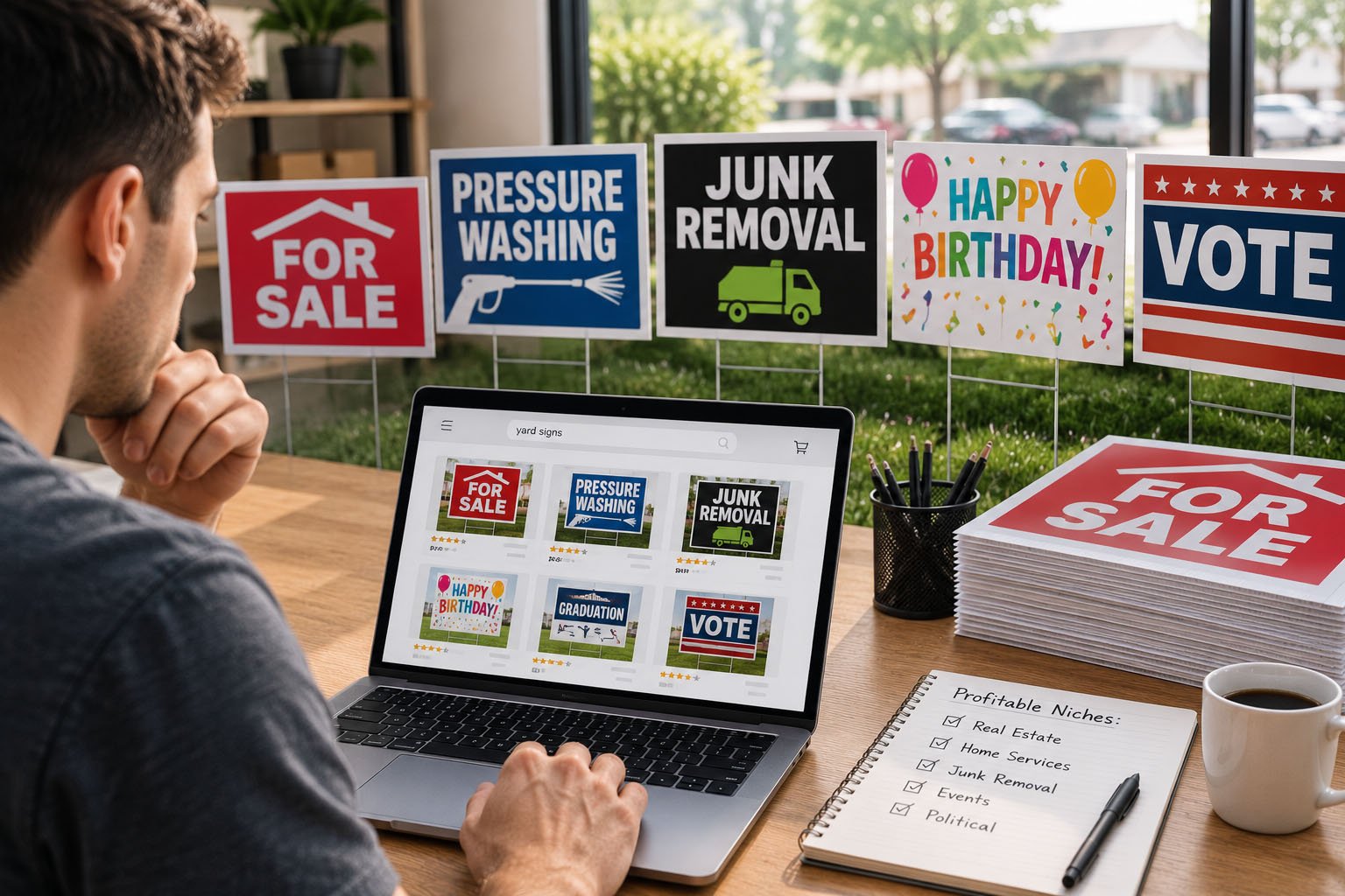 Ecommerce seller comparing profitable yard sign niches for Amazon Walmart Shopify and online stores