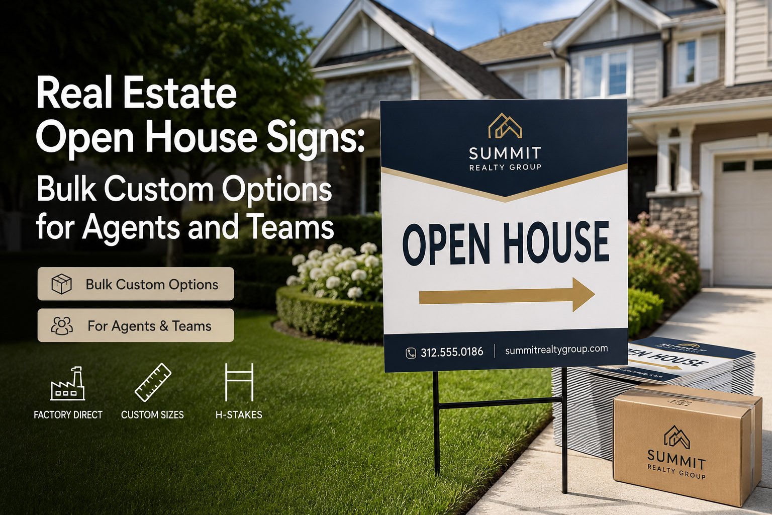 Custom real estate open house yard signs with arrows and H-stakes for property marketing