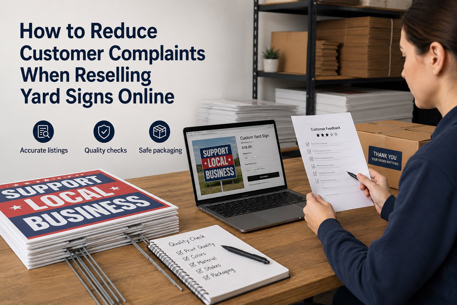 Custom yard signs with H-stakes and organized packaging prepared for online sellers to reduce customer complaints
