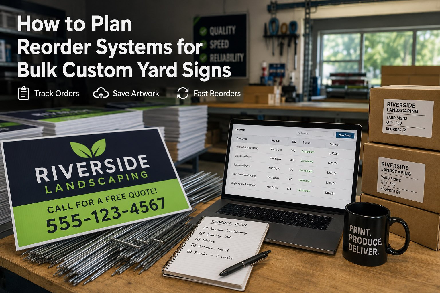 Bulk custom yard signs prepared for repeat orders with artwork records packaging and H-stakes